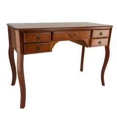 Wooden Writing Desk With Cabriole Legs And 5 Drawers, Brown By Benzara