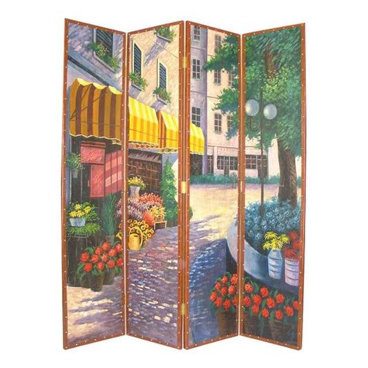 Leatherette Wooden 4 Panel Room Divider With Flower Market Theme,Multicolor By Benzara | Room Divider |  Modishstore 