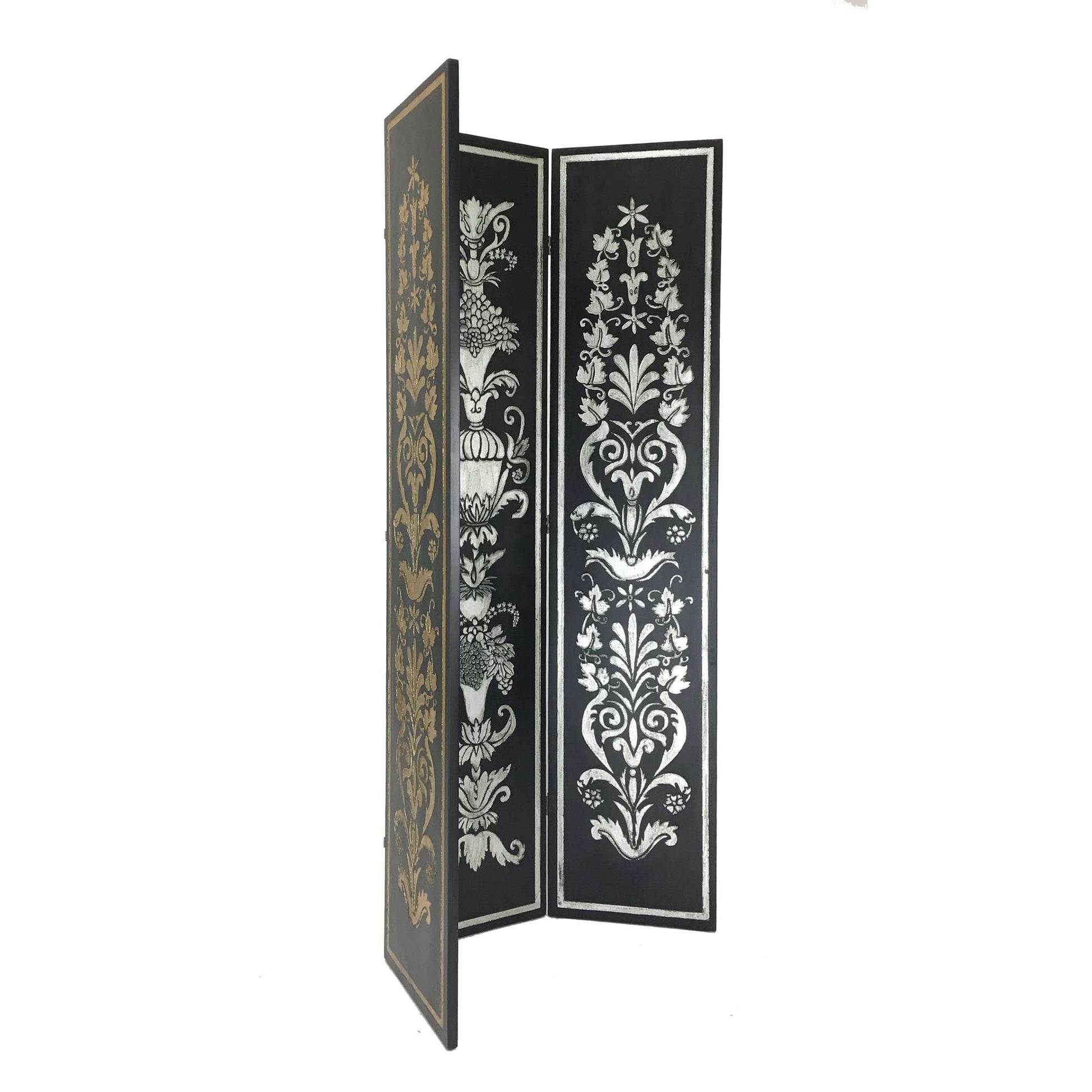 Wooden Double Sided 3 Panel Room Divider With Motifs, Multicolor By Benzara | Room Divider |  Modishstore 
