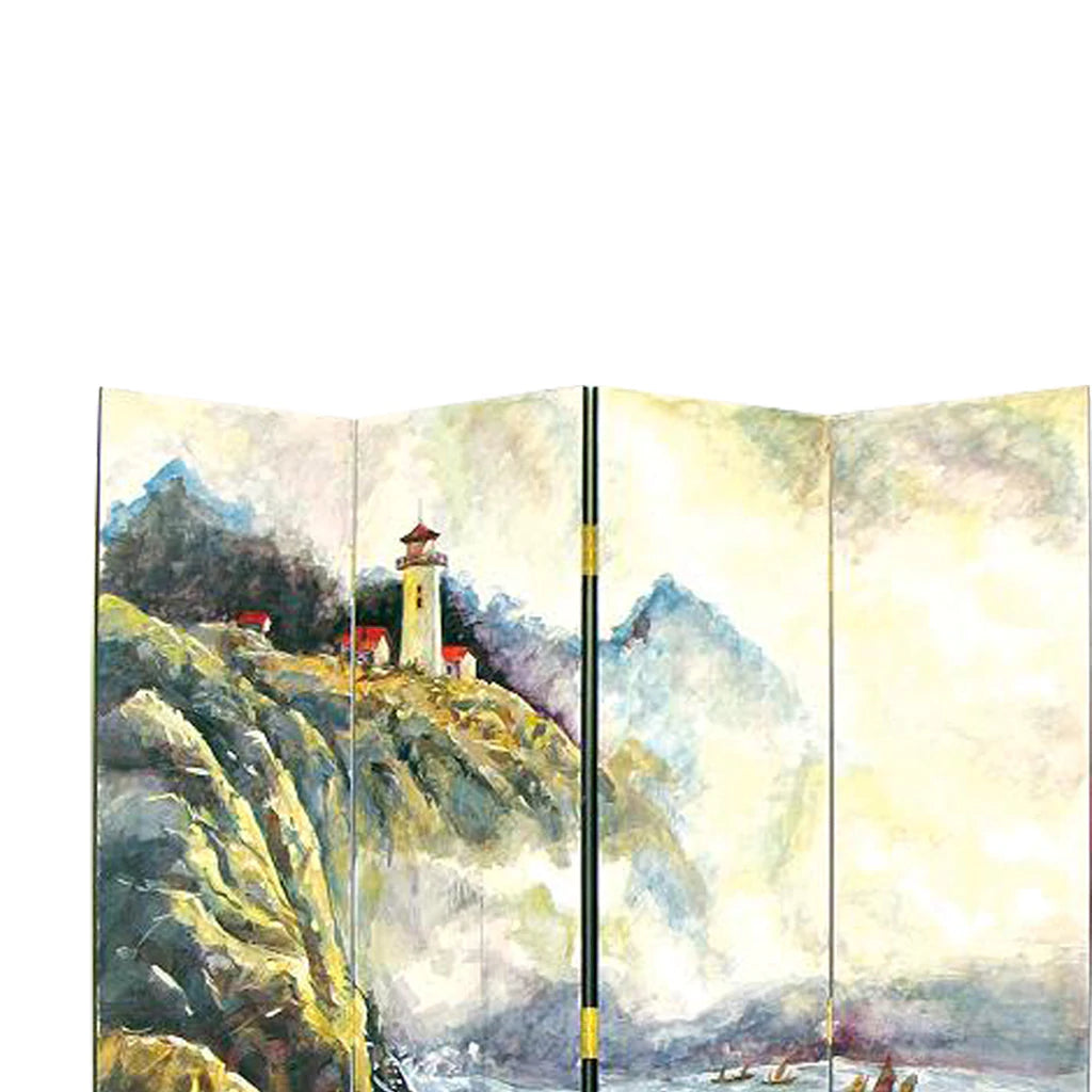 Wooden 4 Panel Room Divider With Landscape Scene, Multicolor By Benzara | Room Divider |  Modishstore  - 2