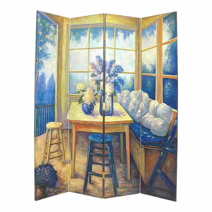 Wooden 4 Panel Room Divider With Den Interior Scene, Multicolor By Benzara | Room Divider |  Modishstore 