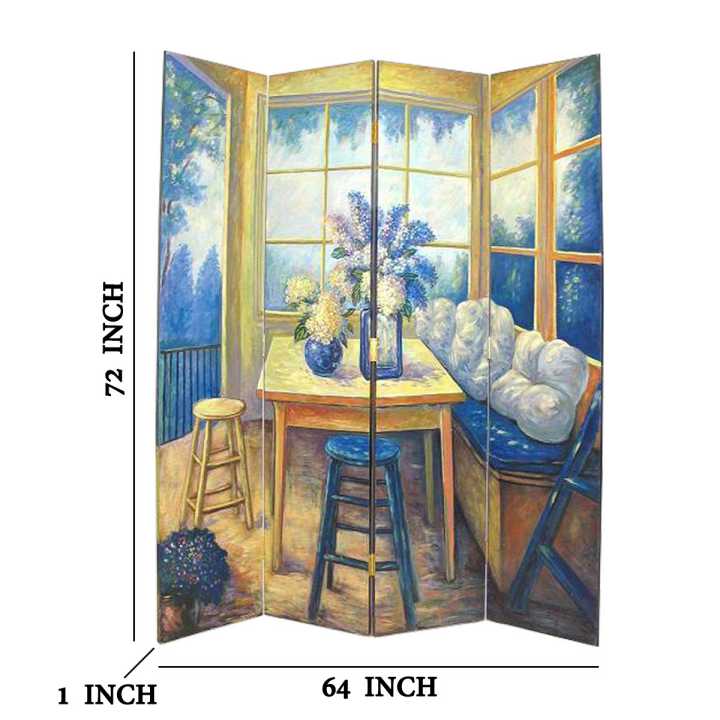Wooden 4 Panel Room Divider With Den Interior Scene, Multicolor By Benzara | Room Divider |  Modishstore  - 5