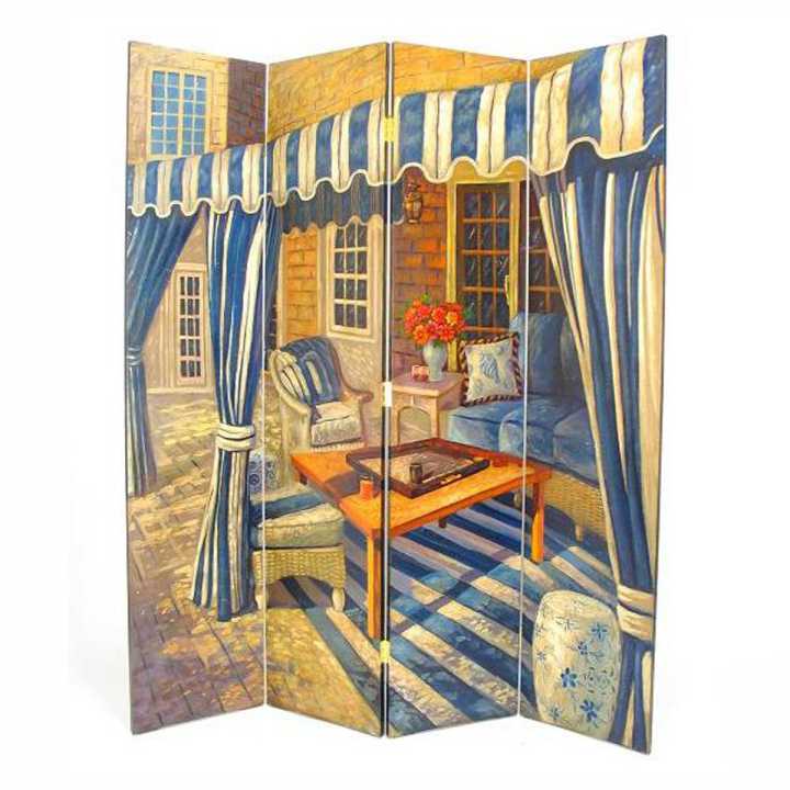 Wooden 4 Panel Room Divider With Outdoor Patio Scene, Multicolor By Benzara | Room Divider |  Modishstore 