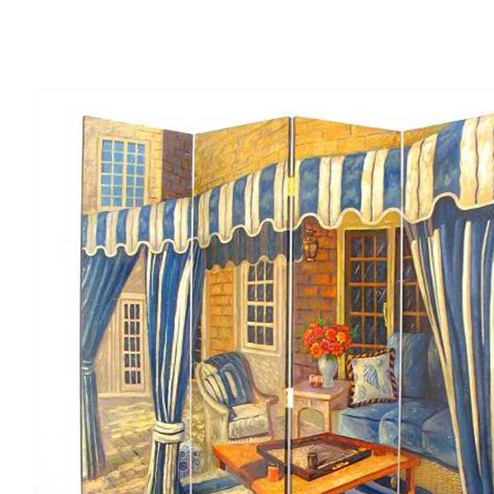 Wooden 4 Panel Room Divider With Outdoor Patio Scene, Multicolor By Benzara | Room Divider |  Modishstore  - 2