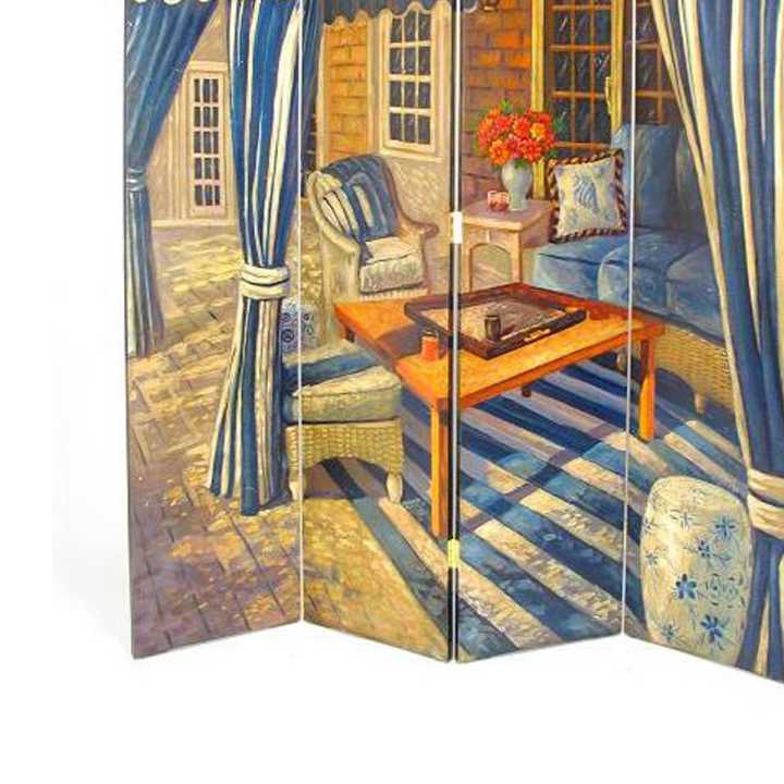 Wooden 4 Panel Room Divider With Outdoor Patio Scene, Multicolor By Benzara | Room Divider |  Modishstore  - 3