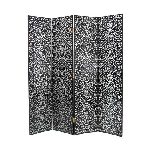 Wooden 4 Panel Room Divider With Scrolling Motifs, Black And Silver By Benzara | Room Divider |  Modishstore 