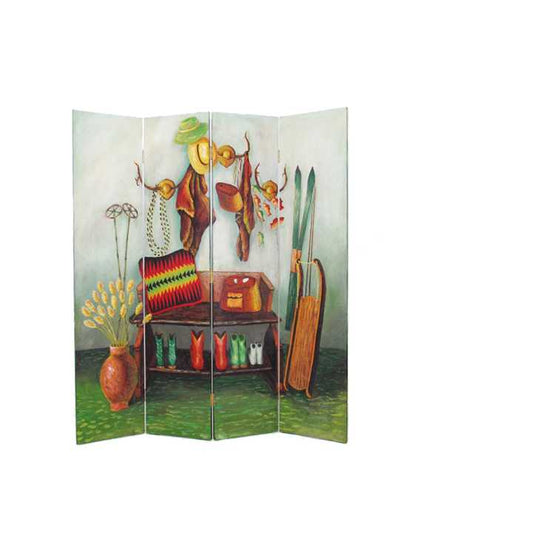 Wooden 4 Panel Room Divider With Cowboy Stuff Pictures, Multicolor By Benzara | Room Divider |  Modishstore 