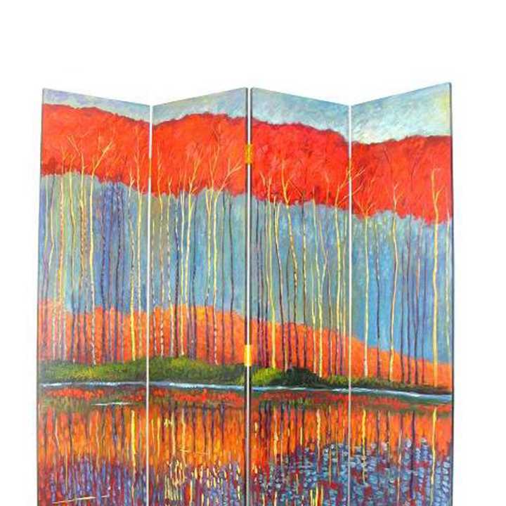 Wooden 4 Panel Room Divider With Forest Theme, Multicolor By Benzara | Room Divider |  Modishstore  - 2