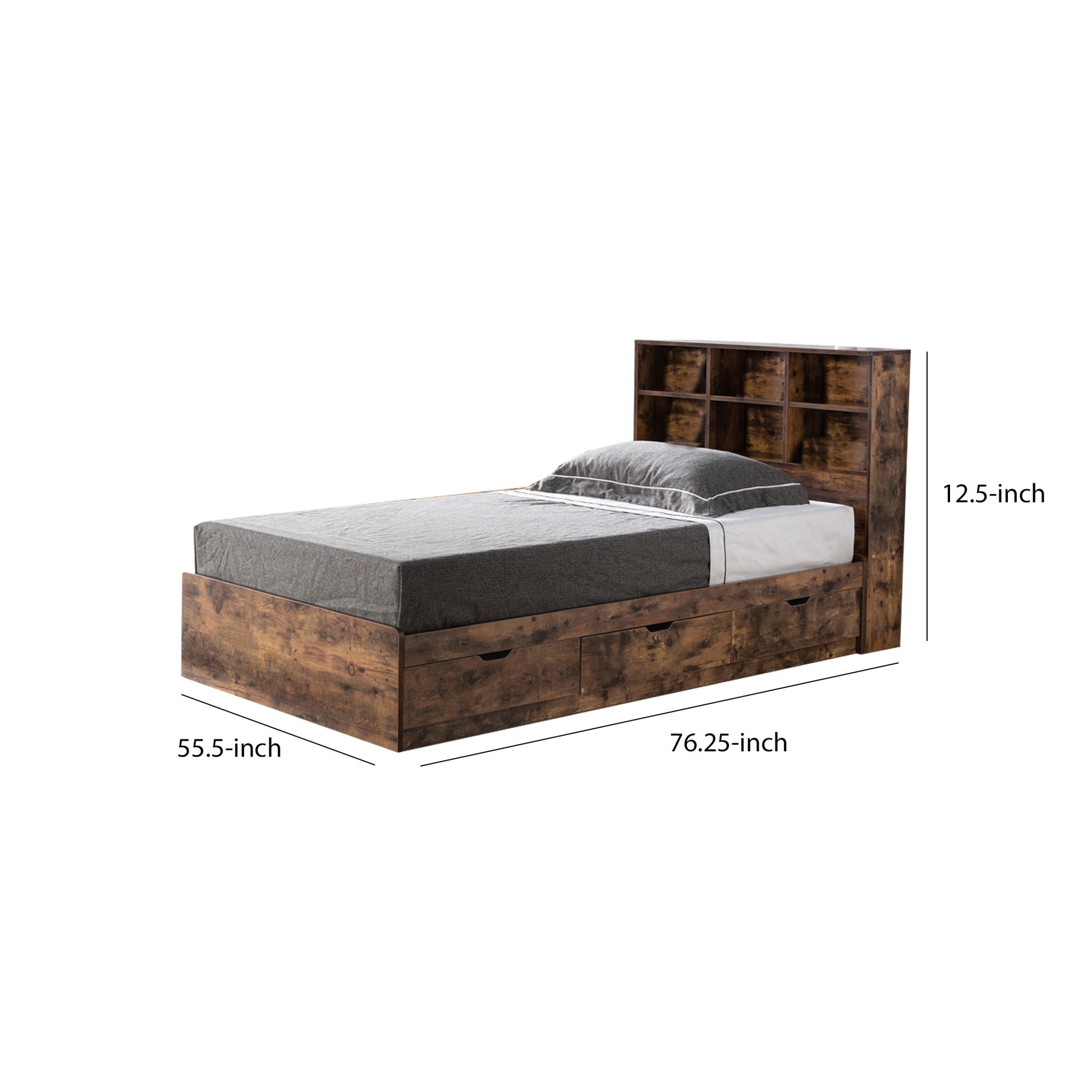 Wooden Frame 3 Drawers Twin Size Chest Bed, Distressed Brown By Benzara | Beds | Modishstore - 2