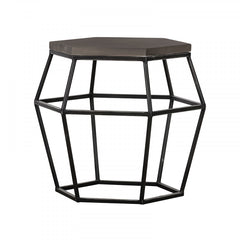 Hexagonal Concrete End Table With Metal Base Gray And Black By Benzara