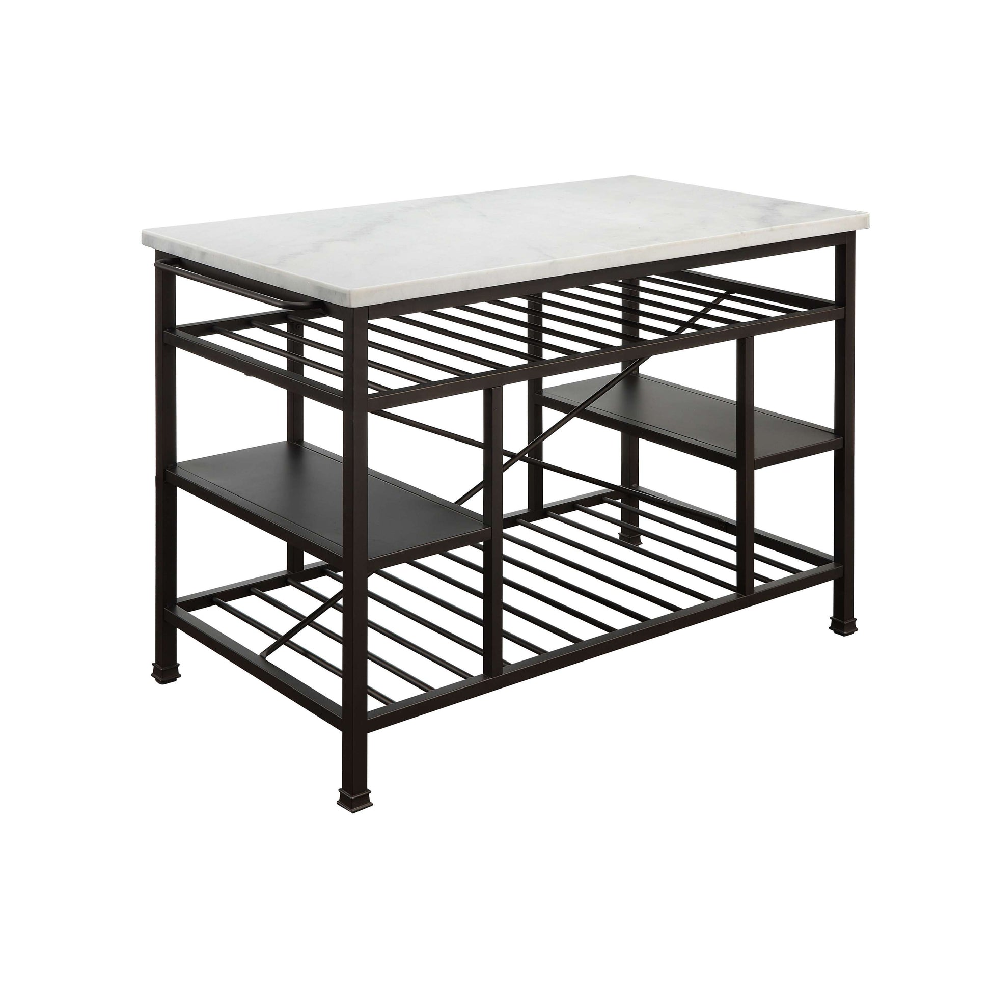 Marble Top Metal Kitchen Island With 2 Slated Shelves, Brown And White By Benzara | Sideboards |  Modishstore 