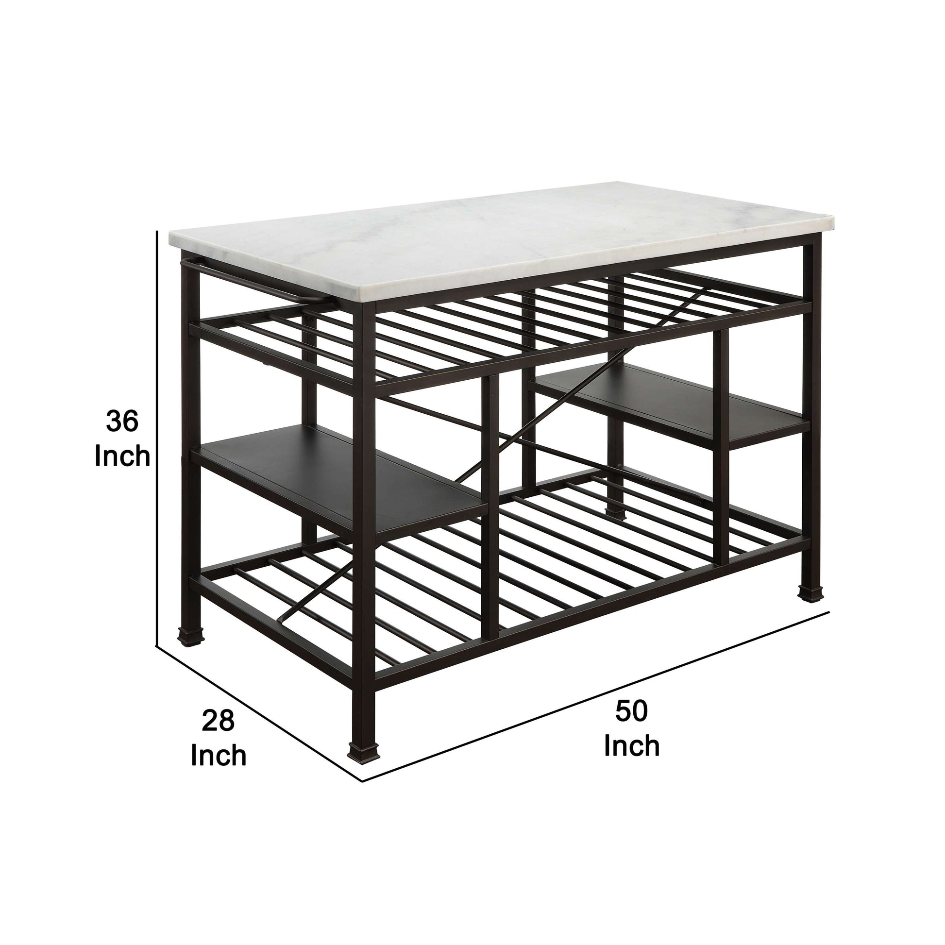 Marble Top Metal Kitchen Island With 2 Slated Shelves, Brown And White By Benzara | Sideboards |  Modishstore  - 2