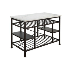 Marble Top Metal Kitchen Island With 2 Slated Shelves, Brown And White By Benzara