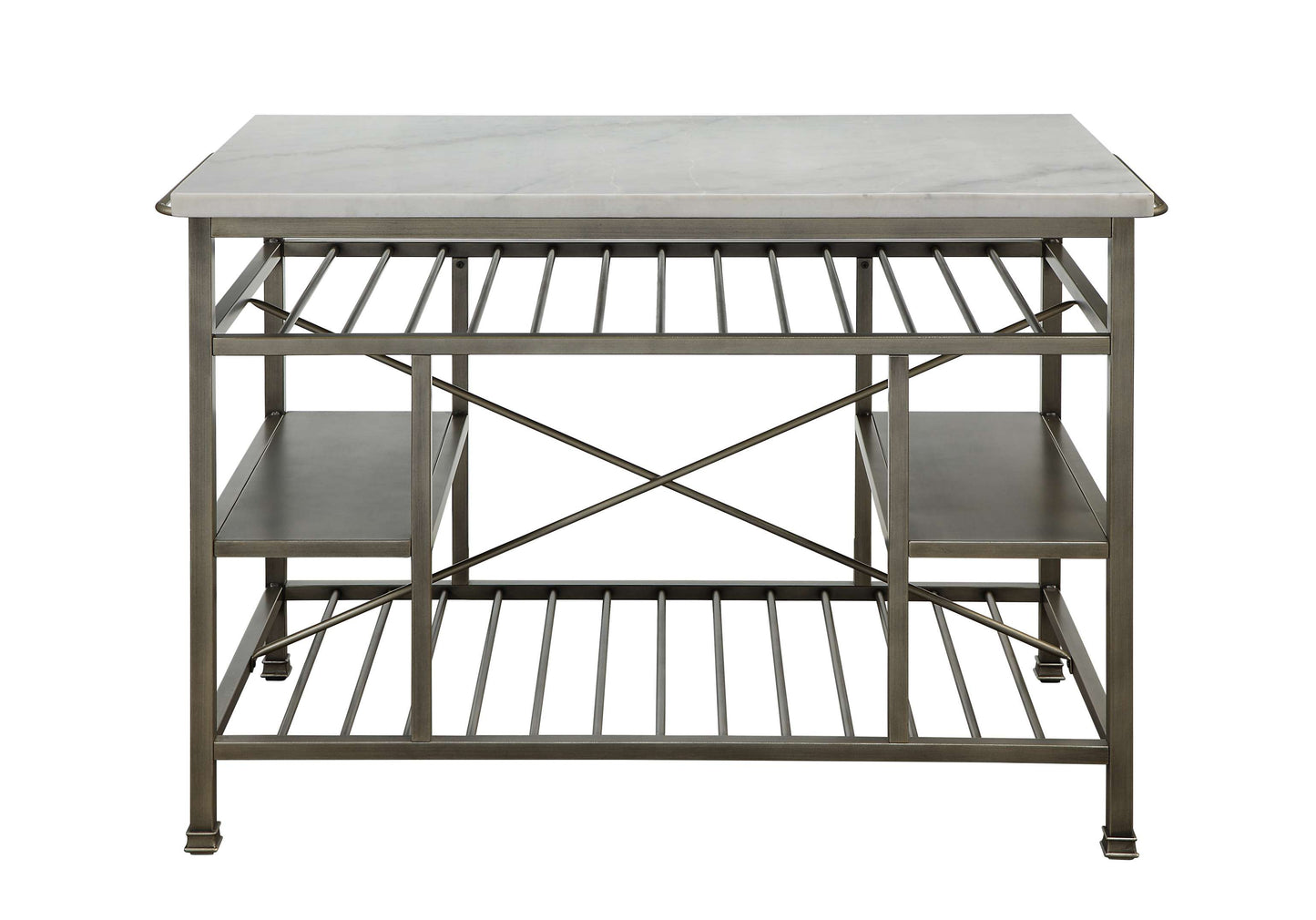 Marble Top Metal Kitchen Island With 2 Slated Shelves, Gray And White By Benzara | Sideboards |  Modishstore  - 5