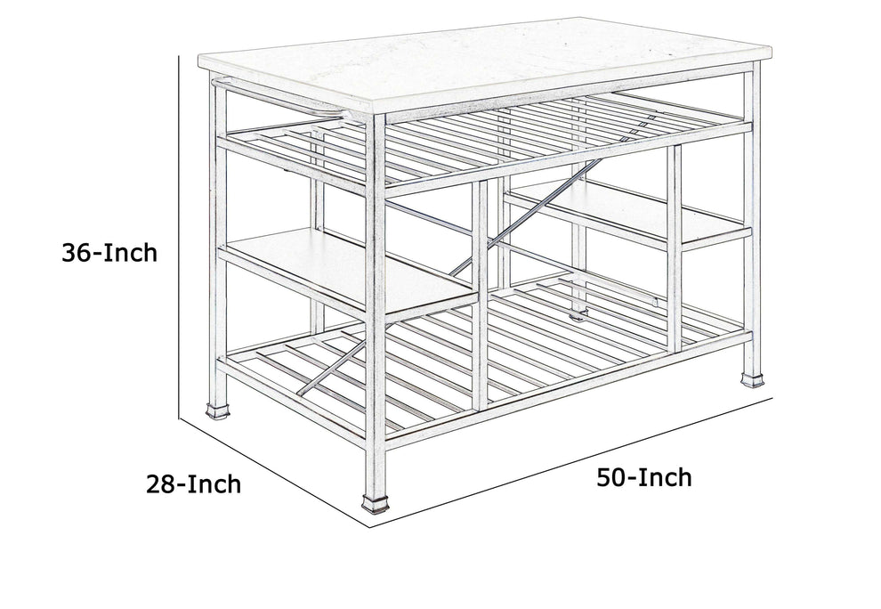 Marble Top Metal Kitchen Island With 2 Slated Shelves, Gray And White By Benzara | Sideboards |  Modishstore  - 2