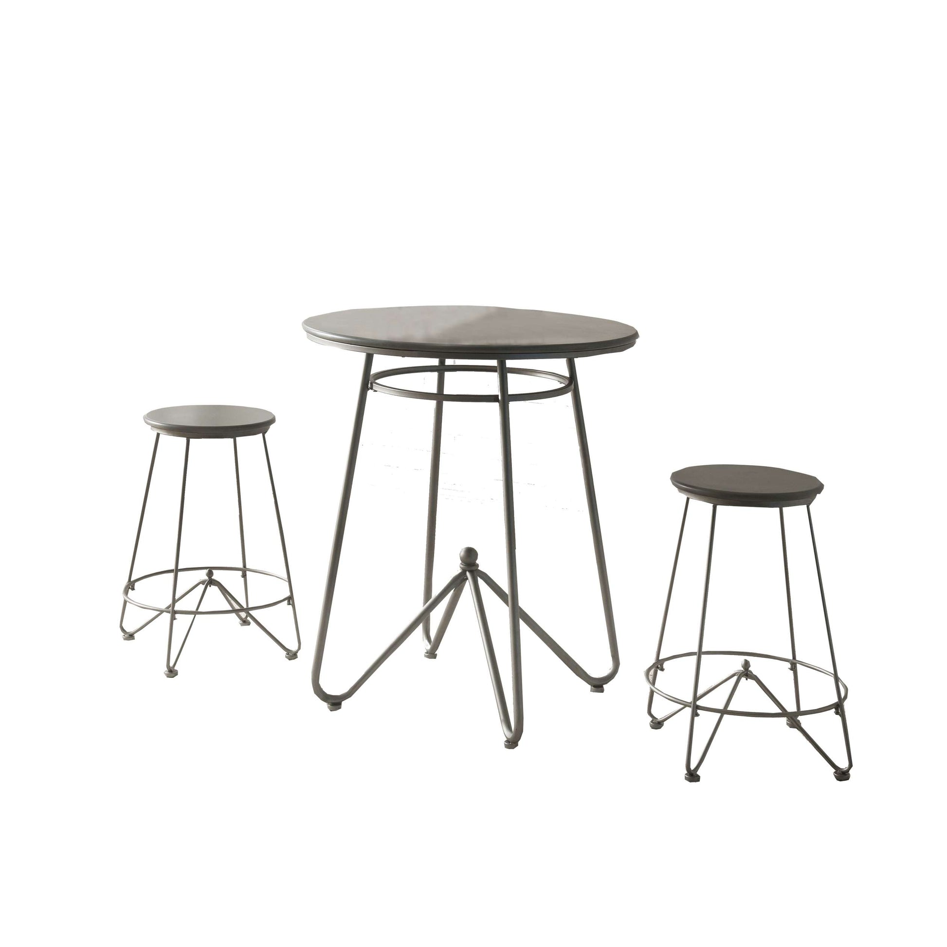 3 Piece Round Top Counter Height Set With Raised Metal Base, Oak Gray By Benzara | Bar Stools & Table |  Modishstore 