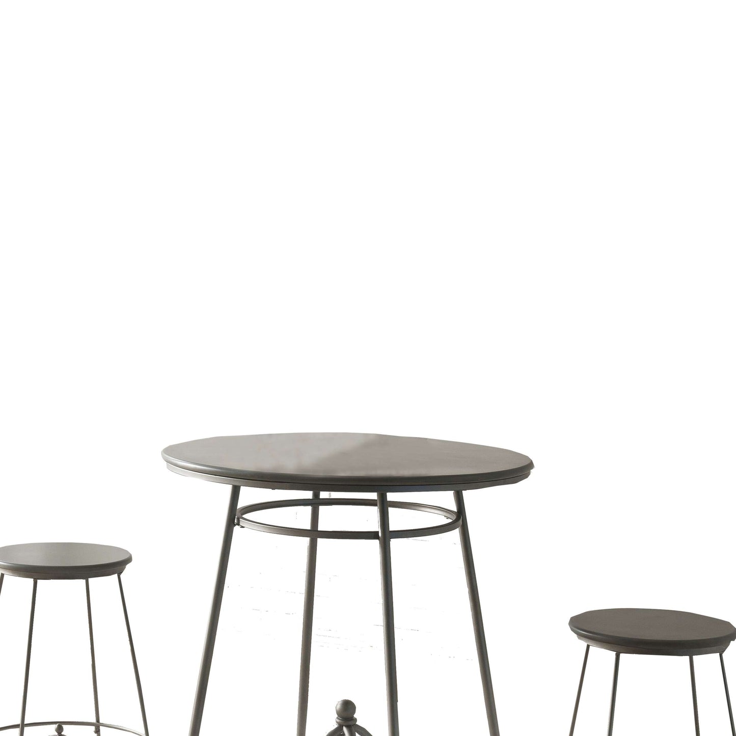 3 Piece Round Top Counter Height Set With Raised Metal Base, Oak Gray By Benzara | Bar Stools & Table |  Modishstore  - 5