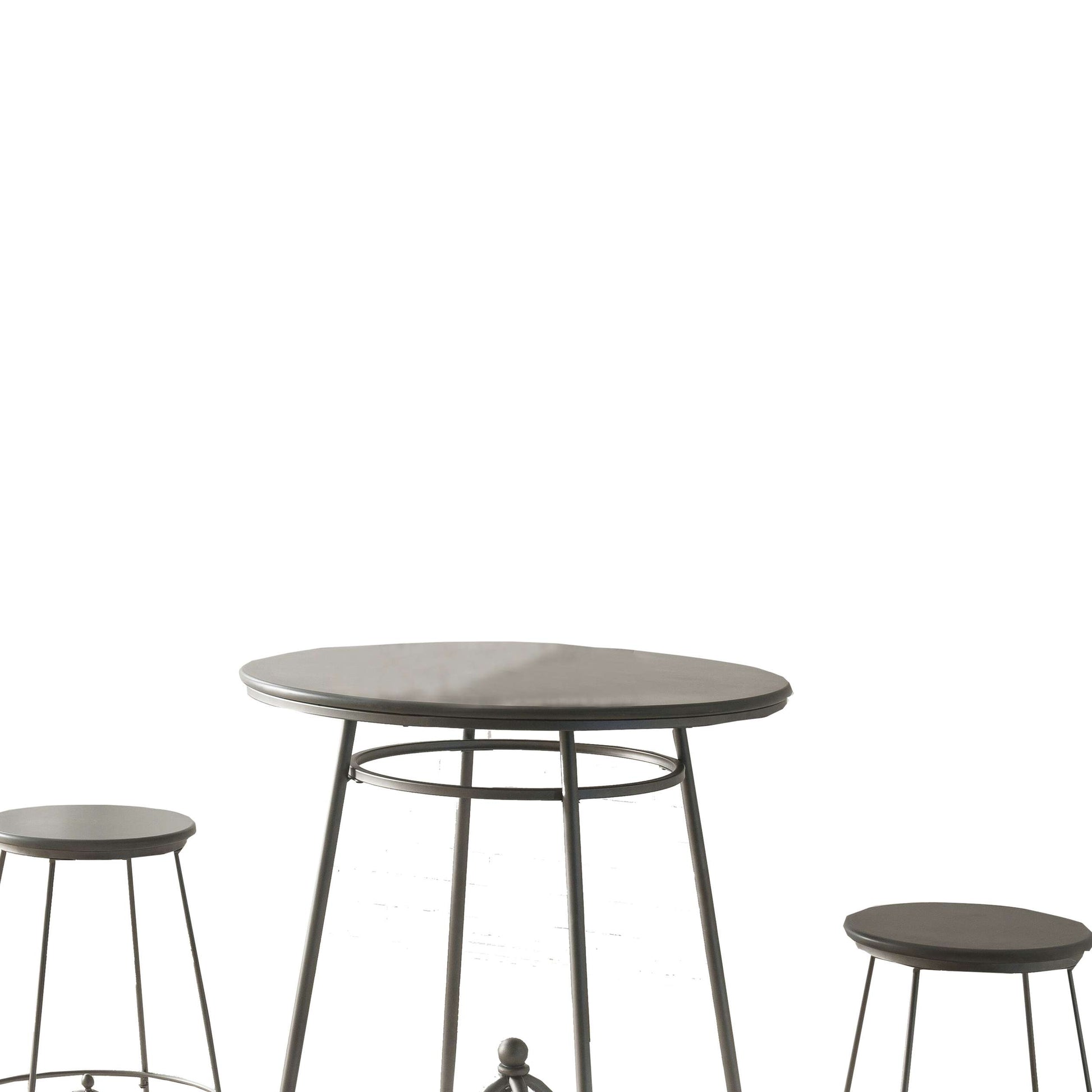 3 Piece Round Top Counter Height Set With Raised Metal Base, Oak Gray By Benzara | Bar Stools & Table |  Modishstore  - 5