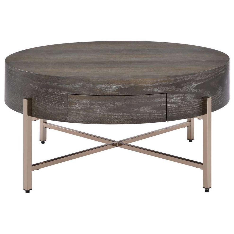1 Drawer Round Modern Coffee Table With Crossed Metal Legs, Brown And Gold By Benzara | Coffee Tables |  Modishstore  - 6