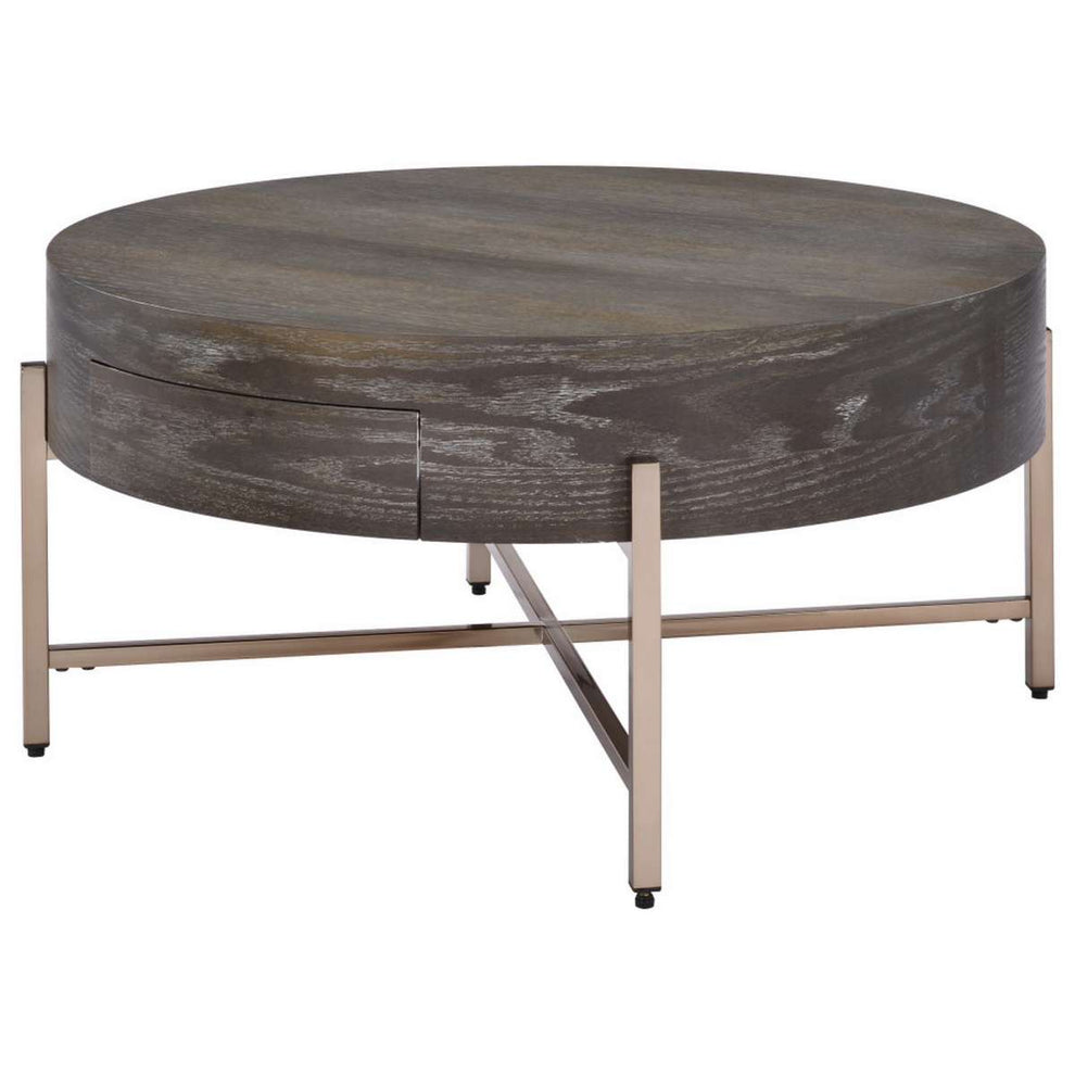 1 Drawer Round Modern Coffee Table With Crossed Metal Legs, Brown And Gold By Benzara | Coffee Tables |  Modishstore  - 5