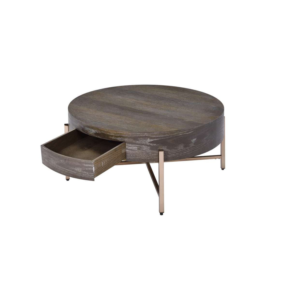 1 Drawer Round Modern Coffee Table With Crossed Metal Legs, Brown And Gold By Benzara | Coffee Tables |  Modishstore  - 4