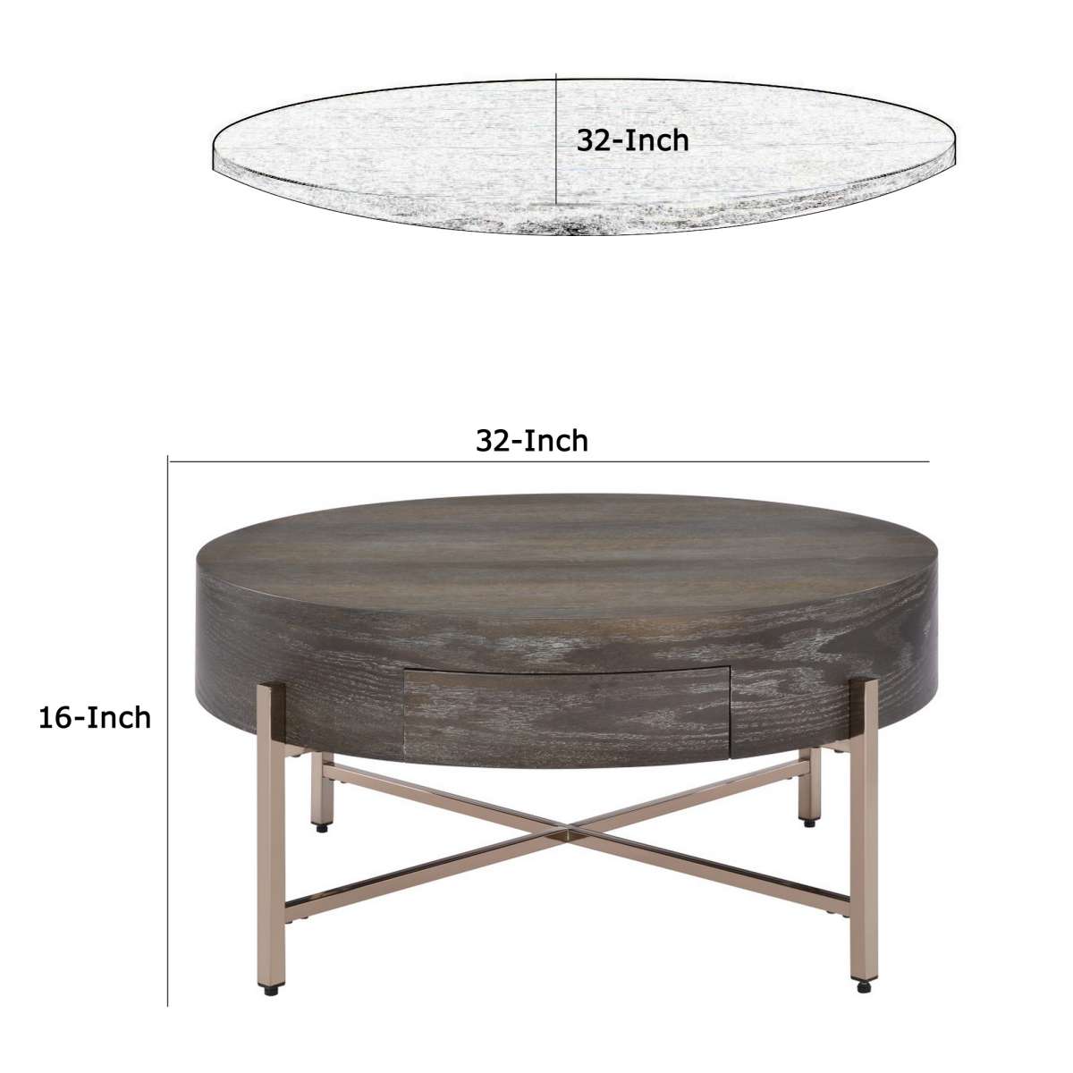 1 Drawer Round Modern Coffee Table With Crossed Metal Legs, Brown And Gold By Benzara | Coffee Tables |  Modishstore  - 2