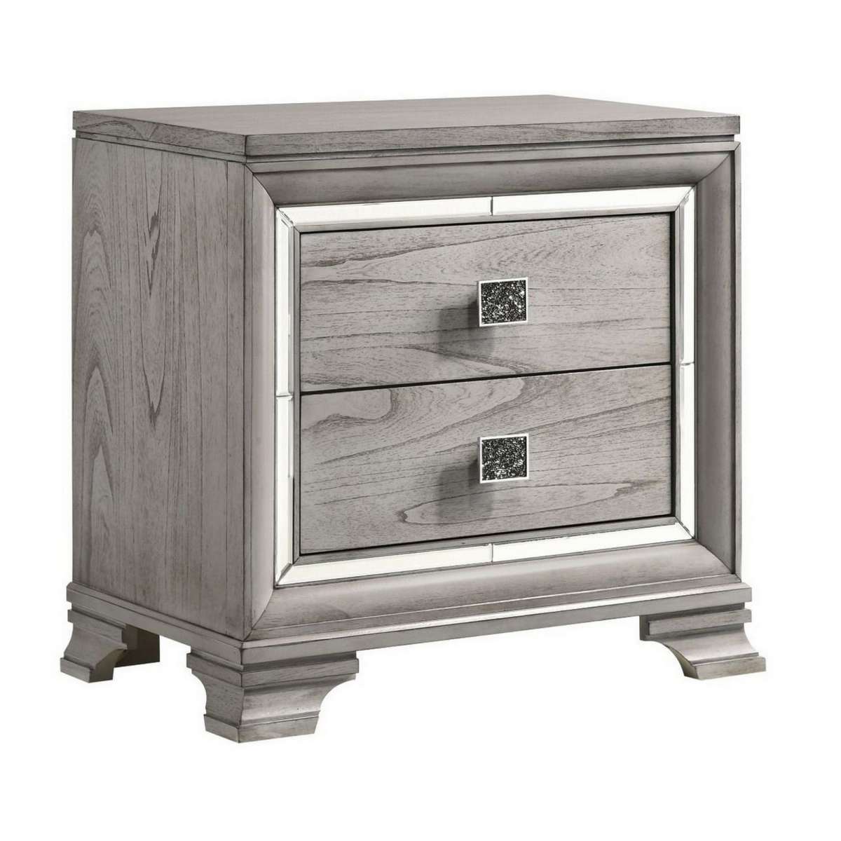 2 Drawer Nightstand With Mirror Accent And Bracket Feet, Light Gray By Benzara | Nightstands |  Modishstore 