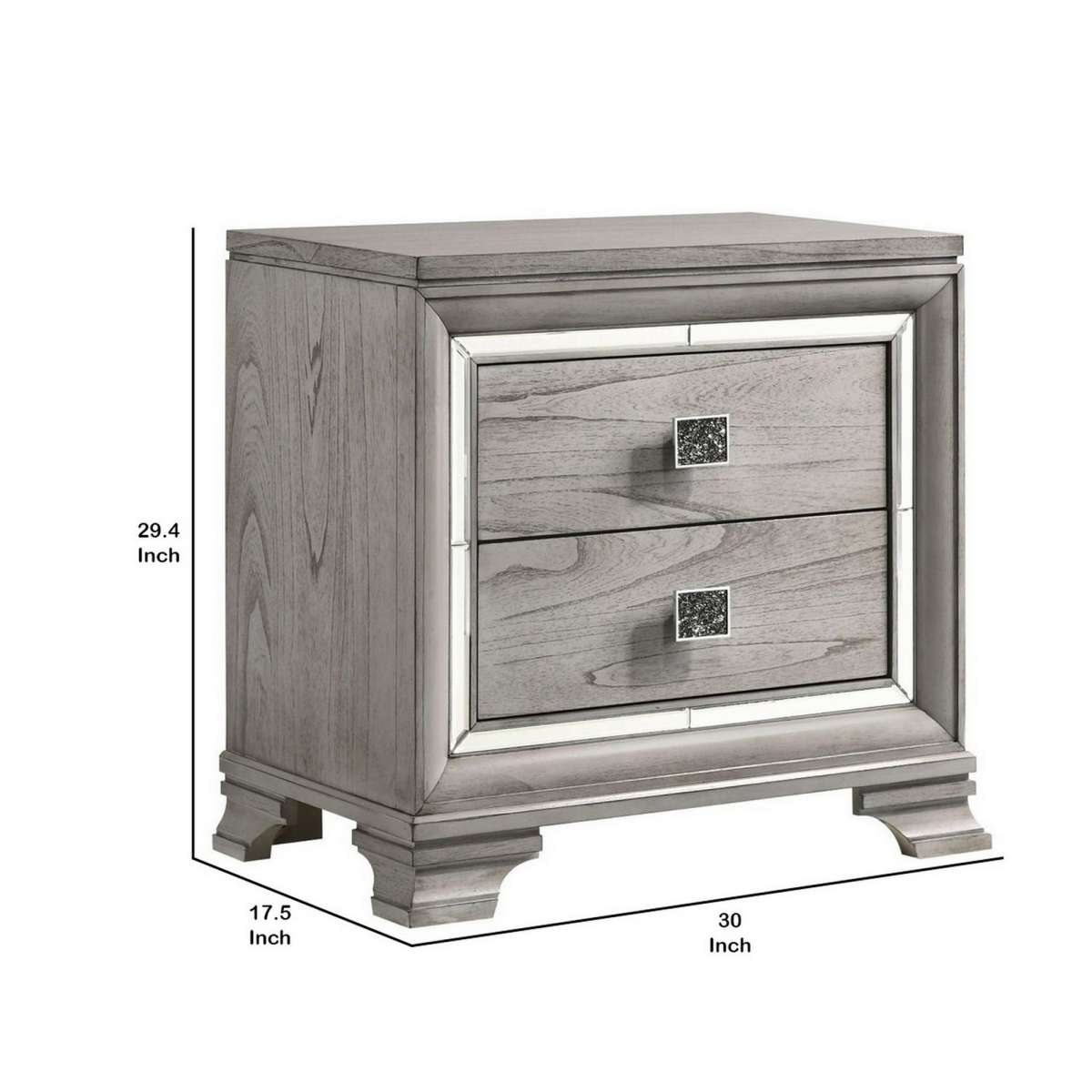 2 Drawer Nightstand With Mirror Accent And Bracket Feet, Light Gray By Benzara | Nightstands |  Modishstore  - 2