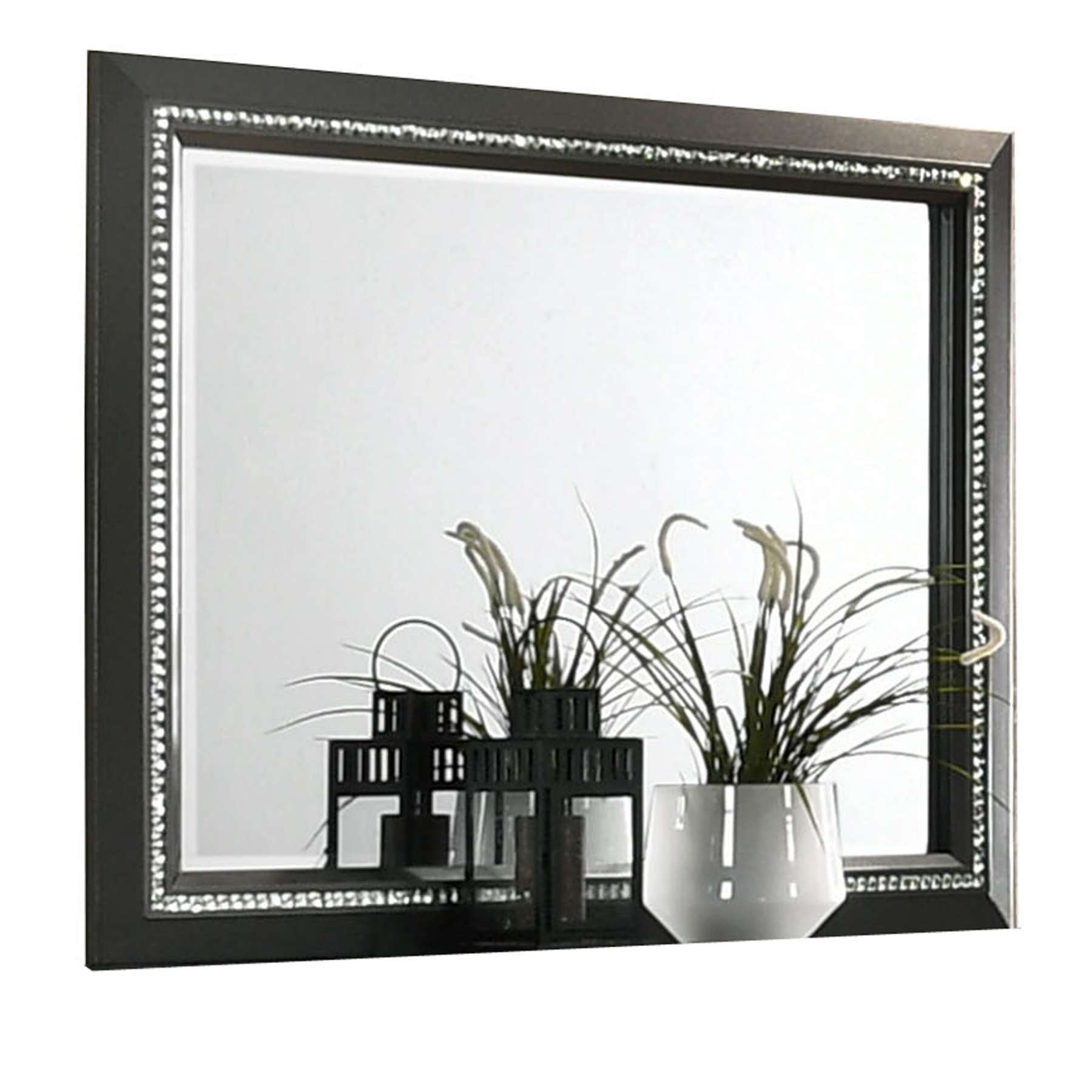 Rectangular Frame Mirror With Faux Crystal Inlay, Dark Gray And Silver By Benzara | Mirrors |  Modishstore 