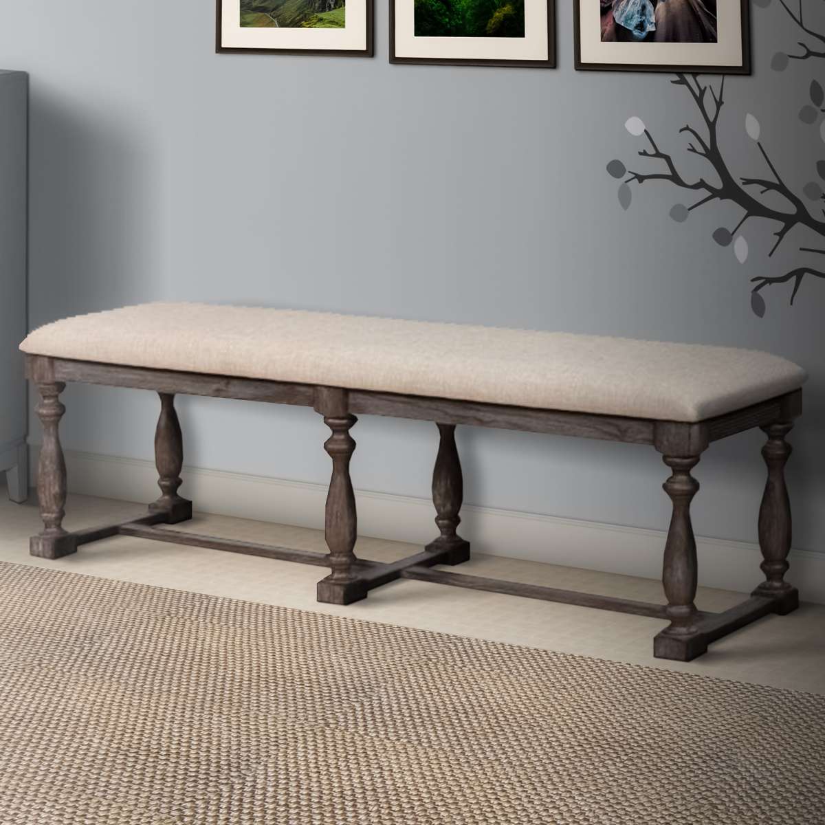 Farmhouse Style Bench With Padded Seating And Turned Pedestal Base, Gray By Benzara | Benches |  Modishstore 