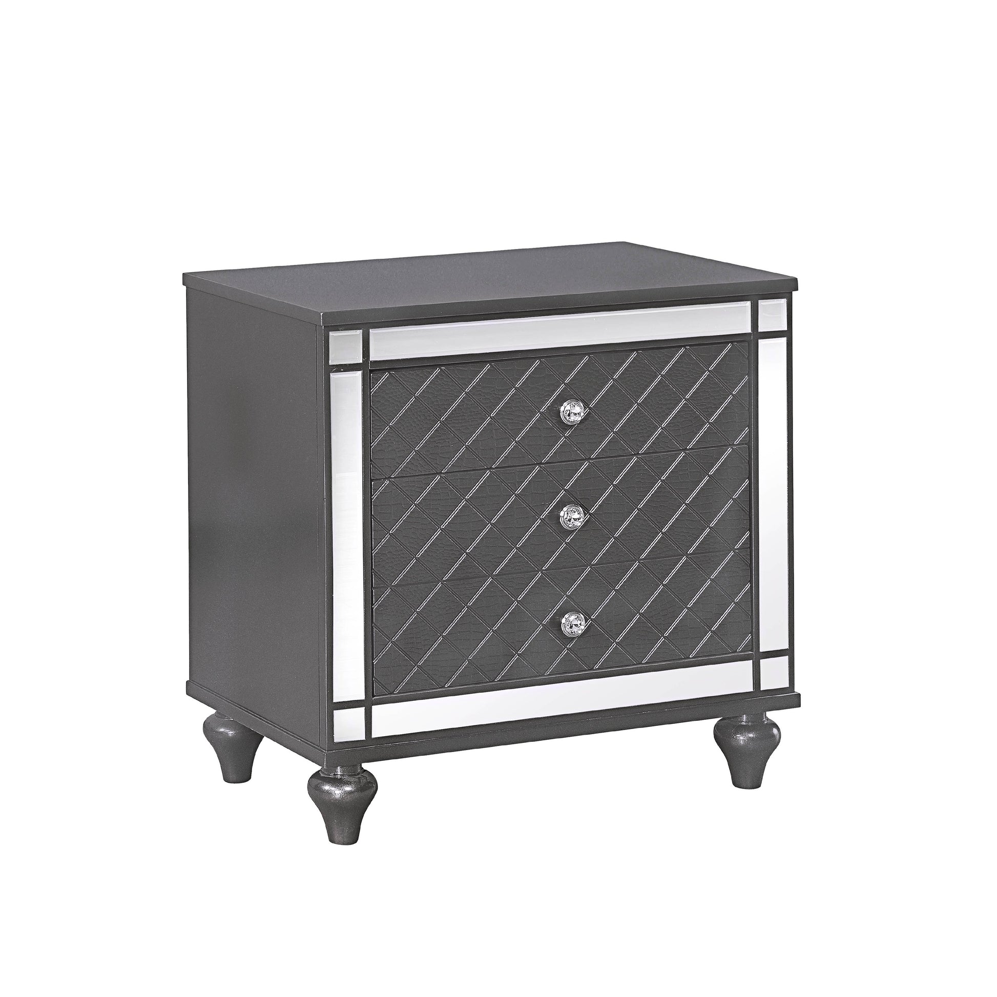 3 Drawer Wooden Nightstand With Diamond Pattern And Mirror Inlay, Gray - Bm215361 By Benzara | Nightstands |  Modishstore 