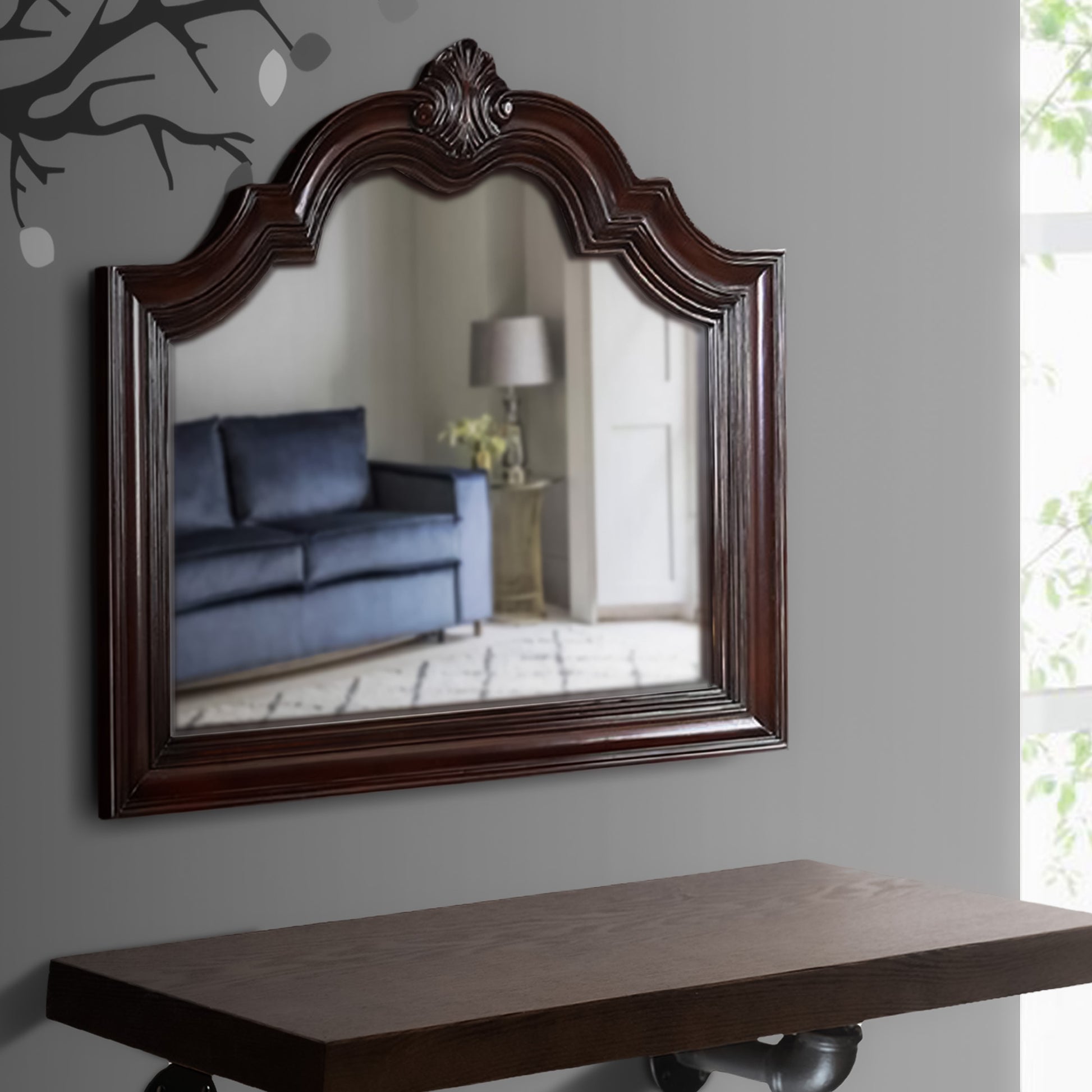 Scalloped Design Wooden Frame Mirror With Crown Top, Cherry Brown By Benzara | Mirrors |  Modishstore 