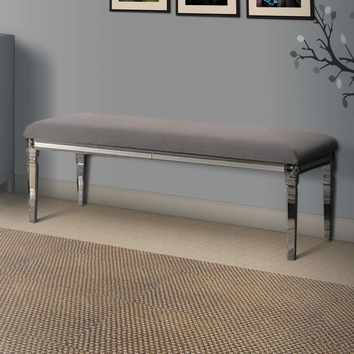 Fabric Upholstered Bench With Acrylic Legs And Silver Accents, Gray By Benzara | Benches |  Modishstore 