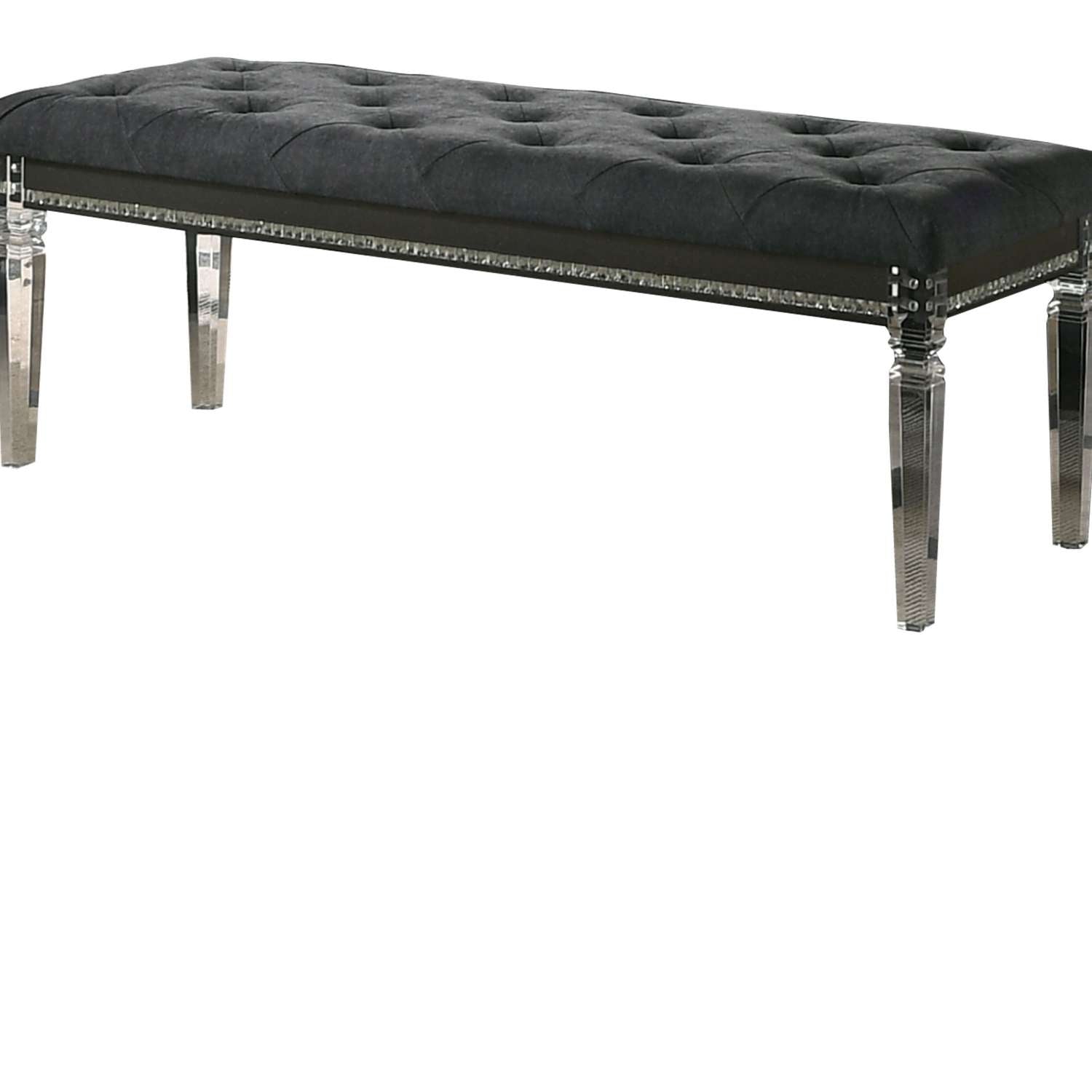 Faux Crystal Inlay Bench With Tufted Seating And Acrylic Legs, Dark Gray By Benzara | Benches |  Modishstore  - 3