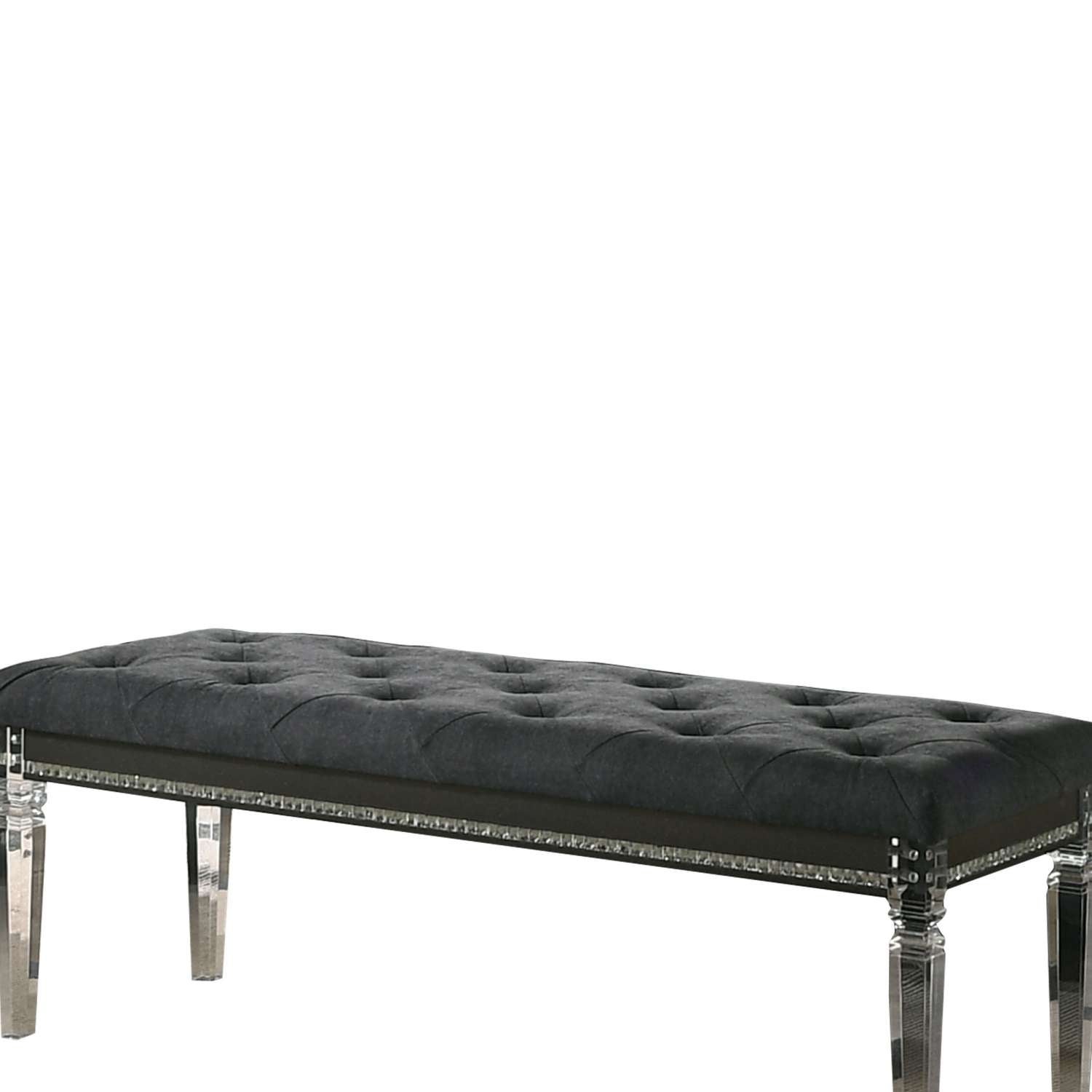 Faux Crystal Inlay Bench With Tufted Seating And Acrylic Legs, Dark Gray By Benzara | Benches |  Modishstore  - 5
