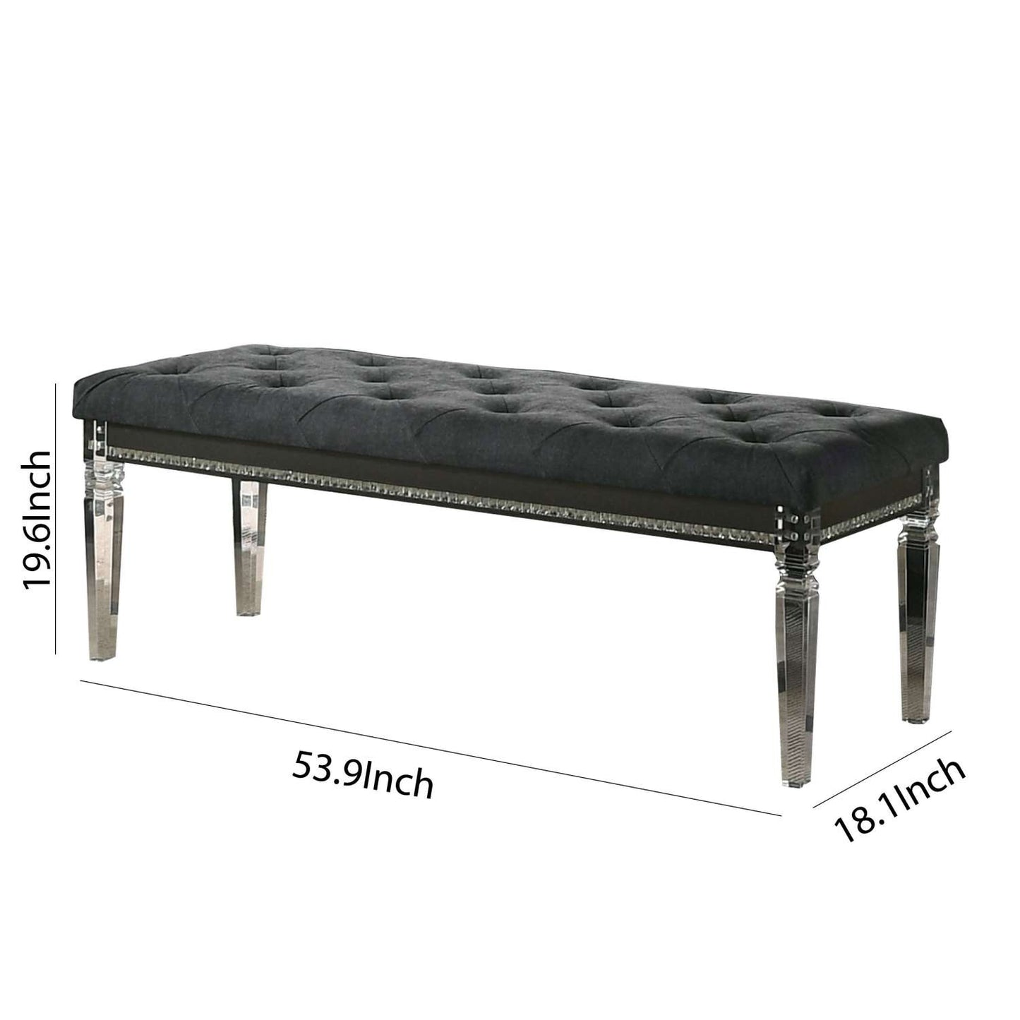 Faux Crystal Inlay Bench With Tufted Seating And Acrylic Legs, Dark Gray By Benzara | Benches |  Modishstore  - 4