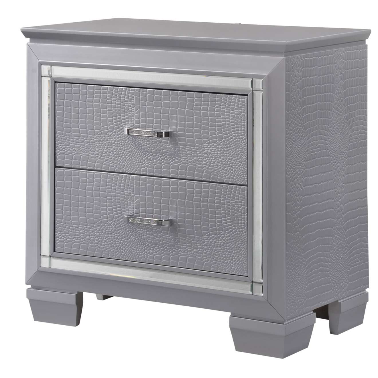 Two Drawer Wooden Nightstand With Textured Details And Mirror Accents, Gray By Benzara | Nightstands |  Modishstore 