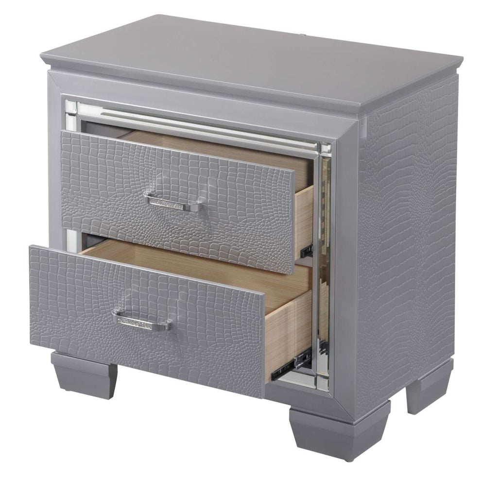 Two Drawer Wooden Nightstand With Textured Details And Mirror Accents, Gray By Benzara | Nightstands |  Modishstore  - 4