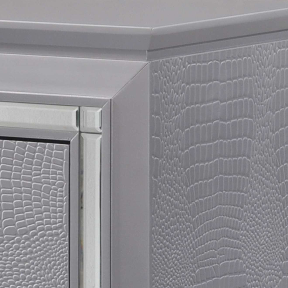 Two Drawer Wooden Nightstand With Textured Details And Mirror Accents, Gray By Benzara | Nightstands |  Modishstore  - 3