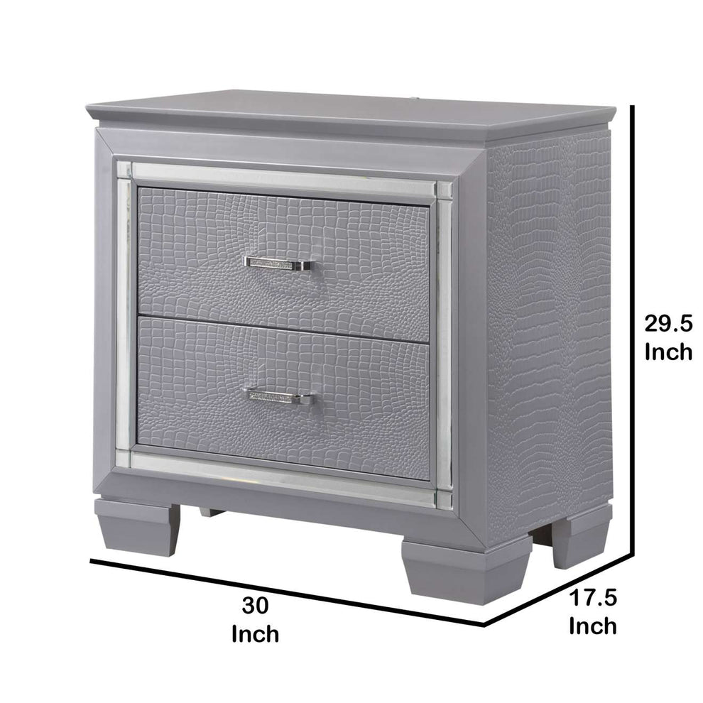 Two Drawer Wooden Nightstand With Textured Details And Mirror Accents, Gray By Benzara | Nightstands |  Modishstore  - 2