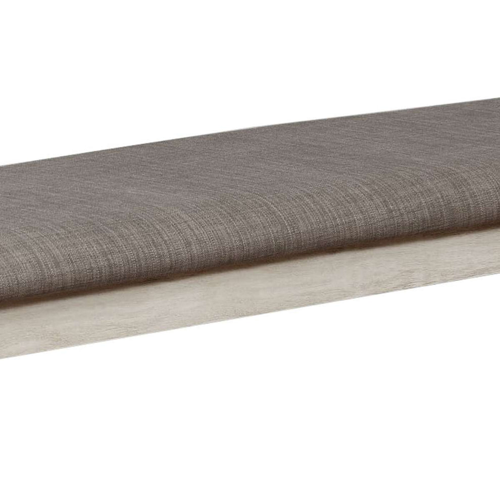 Wooden Bench With Fabric Upholstered Seat And Chamfered Legs,White And Gray By Benzara | Benches |  Modishstore  - 3