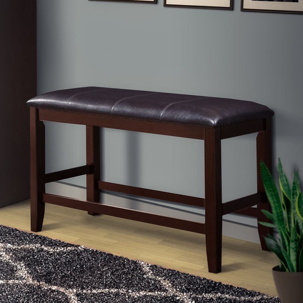 Wooden Counter Height Bench With Leatherette Seat, Brown By Benzara | Benches | Modishstore - 6