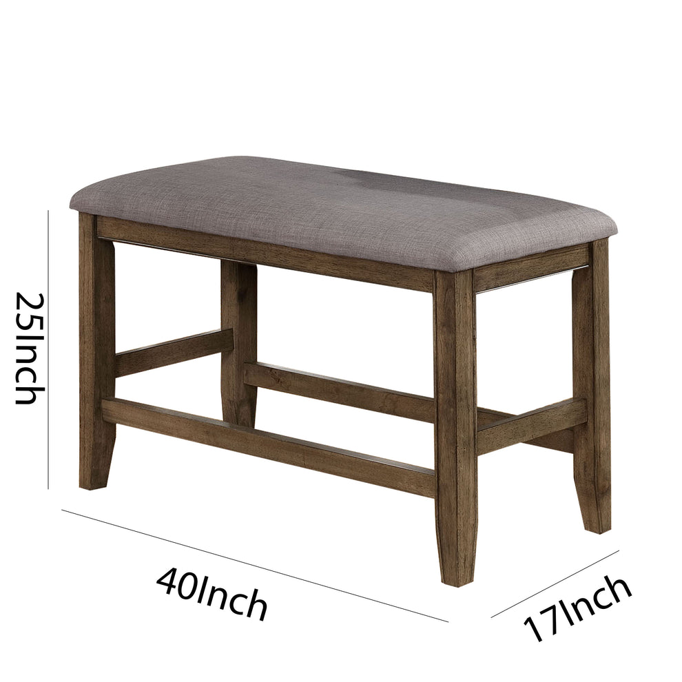 Counter Height Wooden Bench With Fabric Upholstered Seat, Brown And Gray By Benzara | Benches | Modishstore - 5