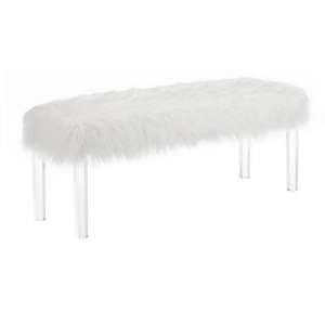 Contemporary Bench With Faux Fur Seat And Acrylic Legs, White And Clear By Benzara | Benches |  Modishstore  - 6