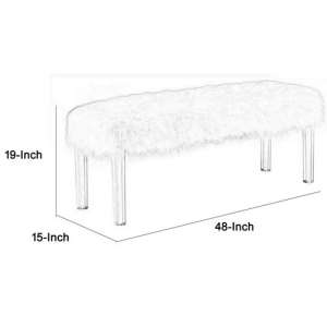 Contemporary Bench With Faux Fur Seat And Acrylic Legs, White And Clear By Benzara | Benches |  Modishstore  - 2