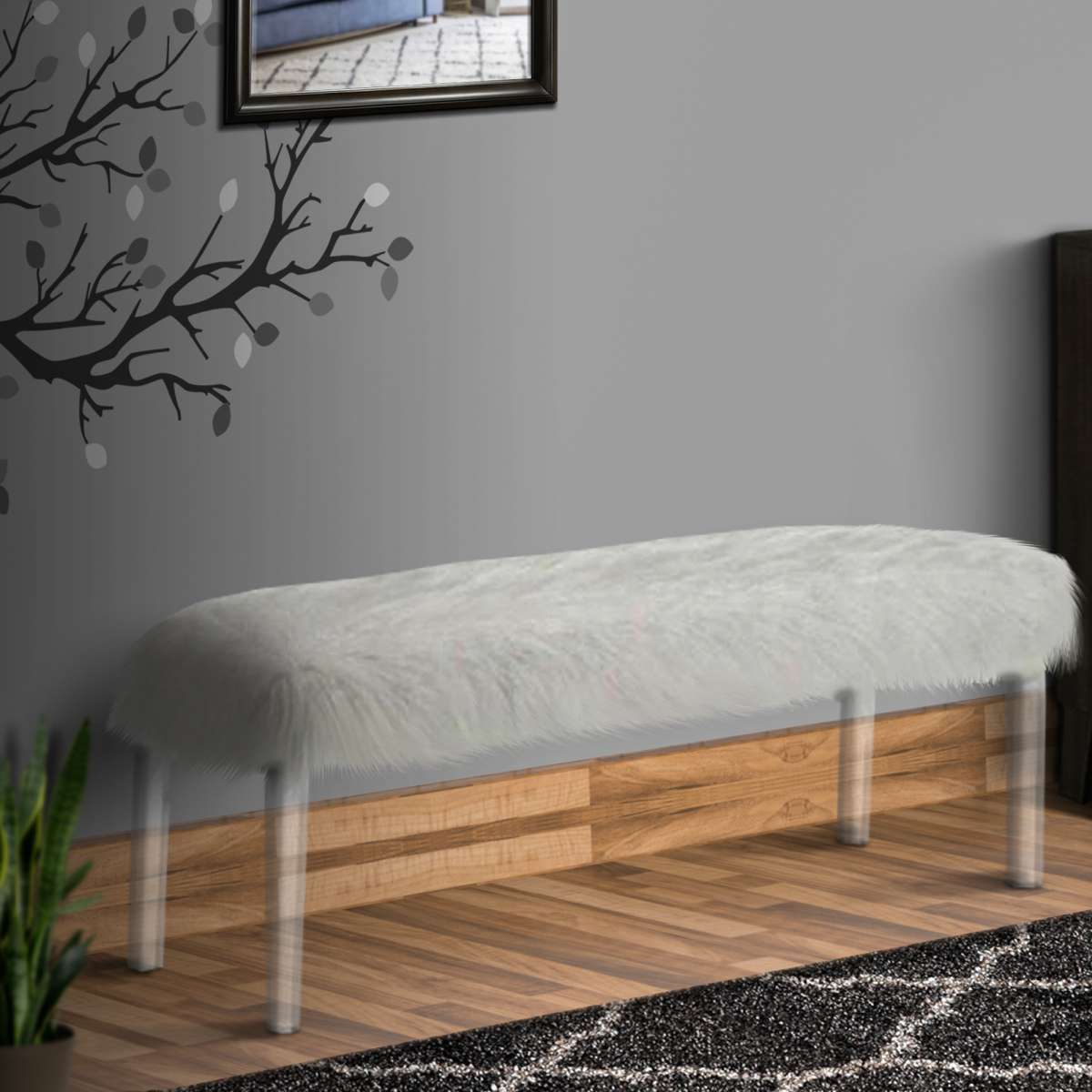 Contemporary Bench With Faux Fur Seat And Acrylic Legs, White And Clear By Benzara | Benches |  Modishstore 