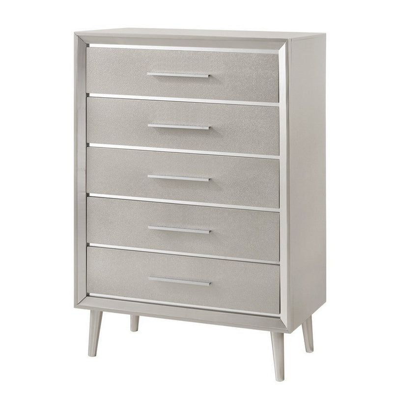 5 Drawer Contemporary Chest With Bar Handles And Splayed Legs, Silver By Benzara | Cabinets | Modishstore