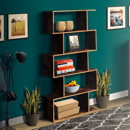 5 Tier Freestanding Wooden Bookcase With Zig Zag Design, Rustic Brown By Benzara | Bookcases |  Modishstore 