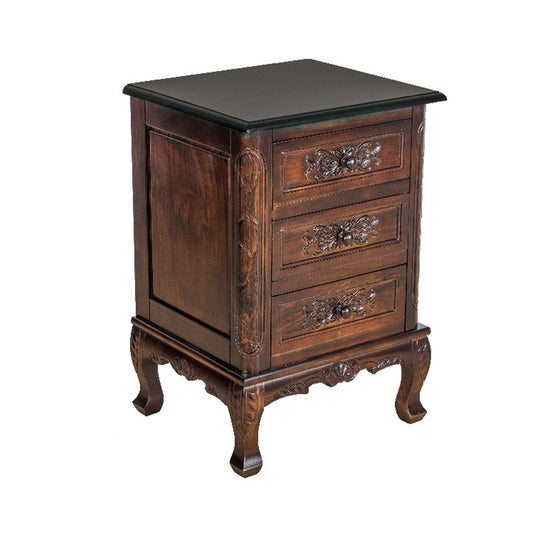 Traditional 3 Drawer Chest With Wooden Carvings And Cabriole Feet, Brown By Benzara | Cabinets | Modishstore