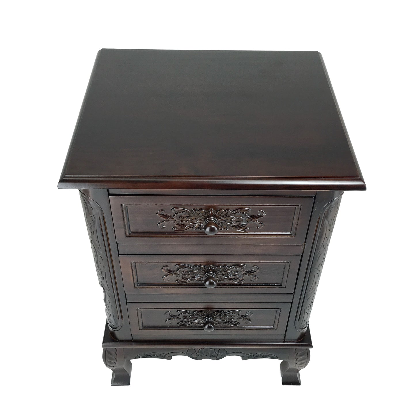 Traditional 3 Drawer Chest With Wooden Carvings And Cabriole Feet, Brown By Benzara | Cabinets | Modishstore - 3
